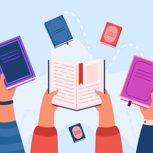 Top view of hands holding books flat vector illustration. School kids reading literature, gaining knowledge. Library, education, learning process concept